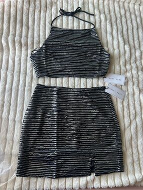 emory park Black and Silver Striped Sequin Halter Skirt Set